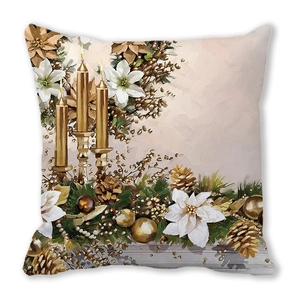 Artistic Christmas pillow cover featuring golden candles and white poinsettia design