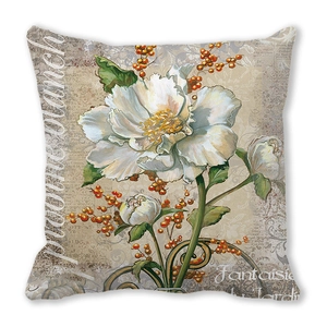 Detail of green plants floral pattern pillowcase with vintage botanical art and text