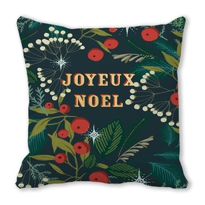 Detail of Joyeux Noel print on dark green floral Christmas pillow cover with berries