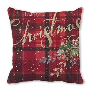 Detail of soft peach skin pillowcase with Happy Christmas print and plaid pattern
