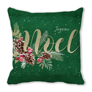 Square green Christmas pillow cover with Joyeux Noel lettering and pine cone pattern