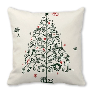 Detailed close-up of a white peach skin pillowcase with a red and black Christmas tree design
