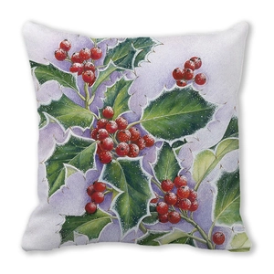 Square pillowcase featuring artistic green holly leaves and red berries print pattern