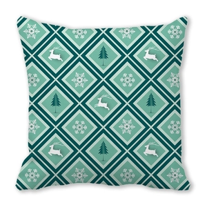 Quadratischer Kissenbezug mit grünen geometrischen Rentier- und Schneeflockenmustern
