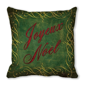 Detail of green Christmas pillowcase with gold vine patterns and Joyeux Noël text