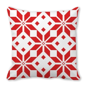 Square pillowcase with red and white Nordic geometric snowflake pattern on soft fabric