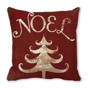 Festive red Christmas pillow cover with vintage NOEL text and artistic tree design