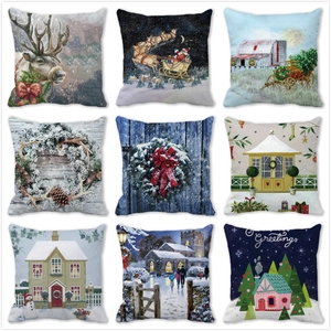 Modern Polyester Peach Skin Christmas Cushion Cover Festive Reindeer Santa Print Square Decorative Pillowcase Home Decor