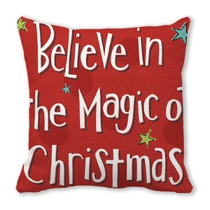 Red Christmas decorative pillow with 'Believe in the Magic of Christmas' quote for home decor