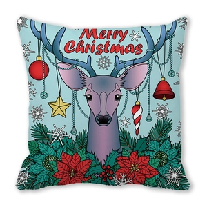 Square light blue Christmas pillowcase with purple reindeer and Merry Christmas text