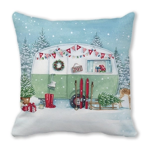 Close-up of peach skin fabric pillowcase featuring vintage camper and Christmas elements