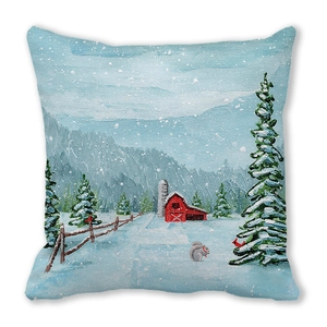 Detailed fabric texture of a winter snowy cabin and squirrel printed square pillowcase