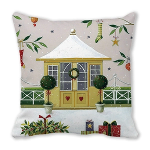 Close-up detail of Christmas deer series pillowcase with festive snow house and gift pattern