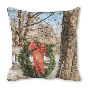 Close-up of a Christmas wreath with red bow print on high-density peach skin pillowcase