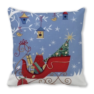 Detail eines Kissenbezugs mit Weihnachtsschlitten-Motiv auf weichem Pfirsichhaut-Gewebe