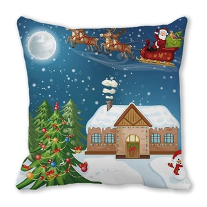 Detail view of Christmas pillowcase featuring Santa's sleigh over a snowy village