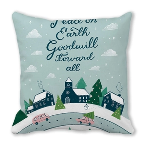 Christmas truck and pine tree linen pillowcase with Peace on Earth festive illustration