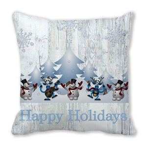 Christmas reindeer and snowman holiday pillowcase with Happy Holidays text on peach skin fabric