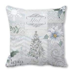 Detailansicht der Weihnachts-Leinenkissenhülle mit Noel-Schriftzug und Wintermotiven
