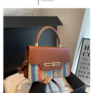Chic women's crossbody bag featuring brown leather flap and colorful woven texture