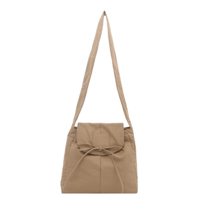 Chic khaki fabric shoulder bag with a minimalist bow detail and textured fold design