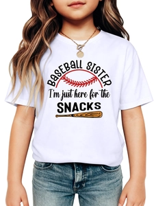 Close-up of children's white t-shirt with baseball sister and snacks print design