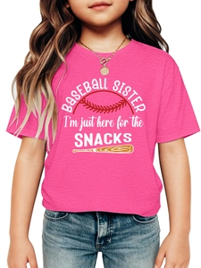 Close-up of bright pink girls' T-shirt featuring Baseball Sister graphic and soft texture