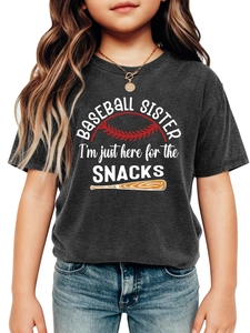Detail of grey baseball sister kids t-shirt with I'm just here for the snacks print
