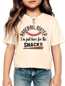 Detail of Baseball Sister t-shirt featuring wooden bat graphic and snack slogan on cream fabric