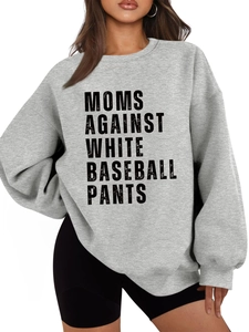 Detail of grey sweatshirt with Moms Against White Baseball Pants slogan in black text