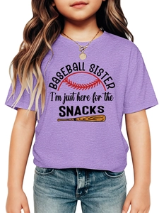 Detailed view of purple Baseball Sister t-shirt with snack quote and golden necklace