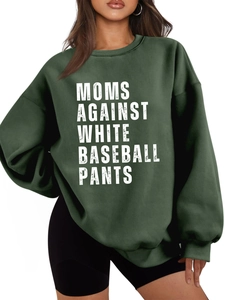 Detail of dark green oversized sweatshirt with Moms Against White Baseball Pants slogan