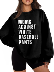 Detailed view of the white graphic text print on a black long sleeve crewneck sweatshirt