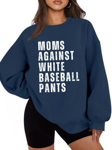 Detail of oversized navy sweatshirt with Moms Against White Baseball Pants slogan print