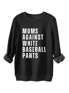 Close-up of the ribbed neckline and white slogan print on this black thick cotton sweatshirt