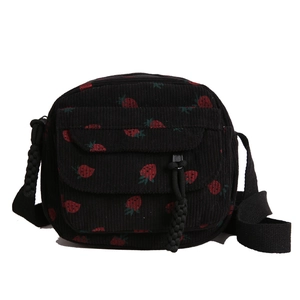 Retro black corduroy crossbody bag with cute red strawberry patterns and flap pocket