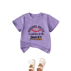 Purple baseball sister short sleeve t-shirt with snack graphic and white bow sandals