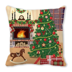 Quadratischer Leinen-Kissenbezug mit amerikanischem Weihnachtsbaum- und Kamin-Druckmotiv