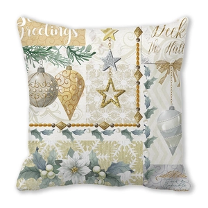 Detail des Vintage-Weihnachtskissenbezugs mit Greetings und Deck the Halls Aufdruck