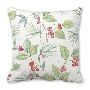 Square peach skin pillowcase with watercolor botanical prints of red berries and leaves