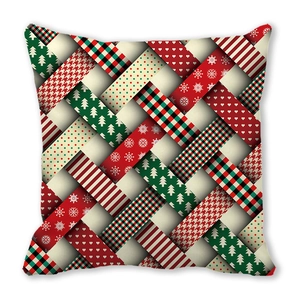 Square Christmas pillow cover with red and green geometric patterns and festive knit print