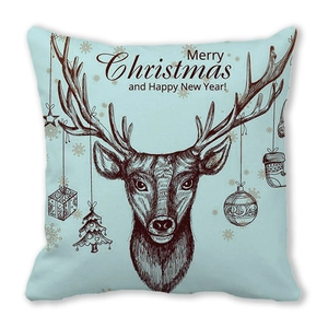 Christmas deer throw pillow cover with Merry Christmas text on light blue peach skin fabric