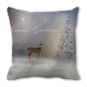 Christmas reindeer pillow cover with Seasons Greetings text on grey peach skin fabric