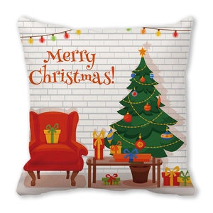 Weihnachtsbaum und roter Sessel Muster quadratischer Kissenbezug mit Frohe Weihnachten Text