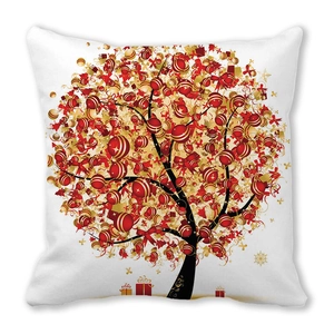 Detailed view of square Christmas pillow cover with festive red and gold ornament tree