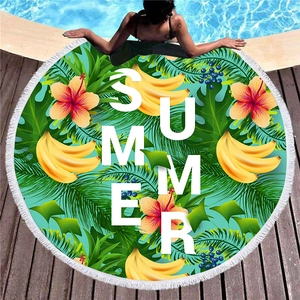 Serviette de plage ronde à motifs tropicaux avec franges et texte Summer sur bois