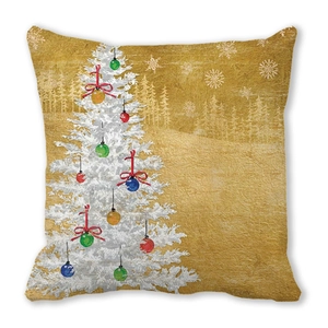Detailed view of Christmas pillow cover with white tree on festive gold background