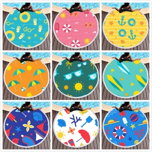 Round Beach Towel Microfiber Quick Dry Tassel Fringe Summer Tropical Print Pool Vacation Blanket