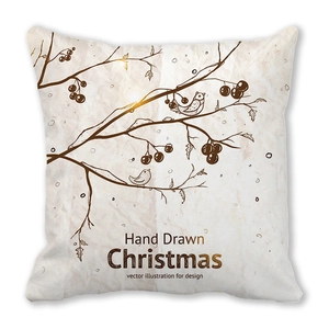 Detail of square Christmas pillow with hand-drawn birds and winter holly berries design