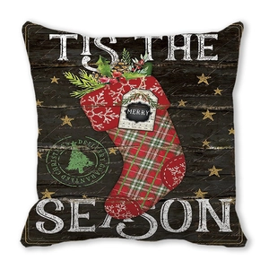 Macro detail of Christmas pillow cover with plaid stocking and Tis The Season text